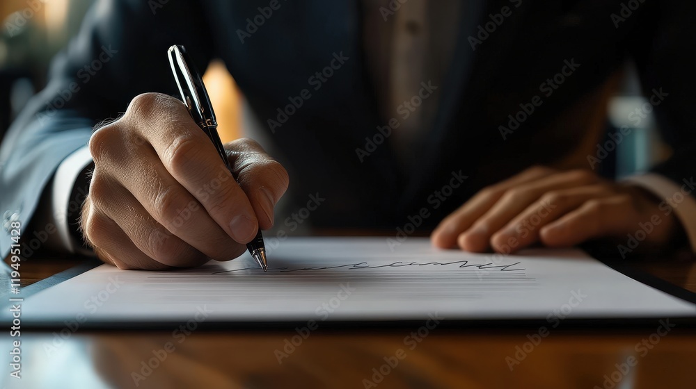 Poster businessman using tablet to sign document in modern office environment with elegant design and profe