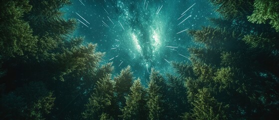 Enchanting view of a starry night sky through tall evergreen trees in a serene forest setting