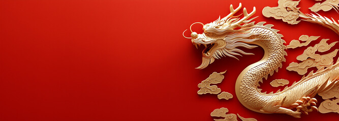 Obraz premium Happy New Year, 2025, Gloden Dragon, Zodiac sign year of the Gloden Dragon, Happy Chinese New Year 2025 Zodiac sign Dragon on Red background 