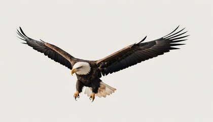 Obraz premium A majestic bald eagle captured in mid-flight, showcasing its powerful wings and keen gaze, soaring against a light background.