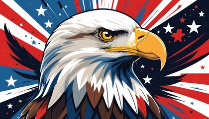 A striking pop art representation of a bald eagle, adorned with patriotic colors and stars, symbolizing strength and American spirit.