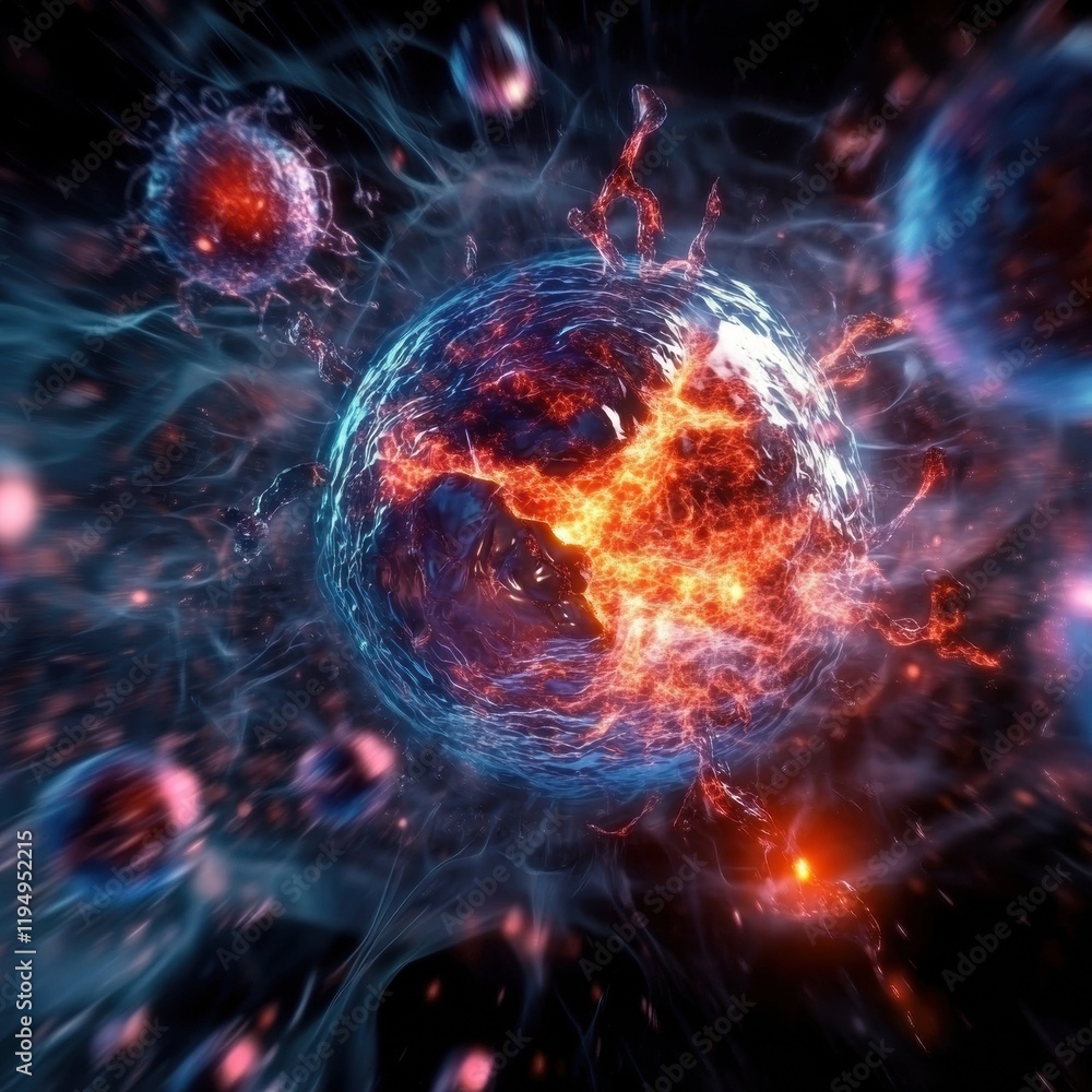Poster human cell under magnification showing a virus attacking and invading its structure during a cellula