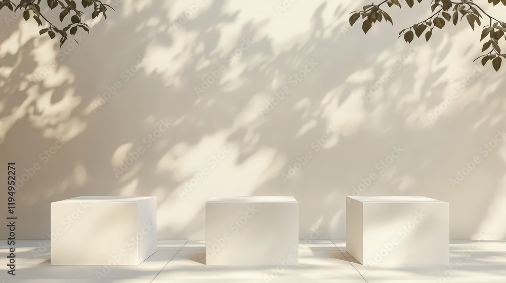 Poster three white cubes stand on a tiled floor with a leafy branch casting shadows
