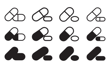 Capsule with pill icon set vector on white background, capsule icon for web or app, medical design project