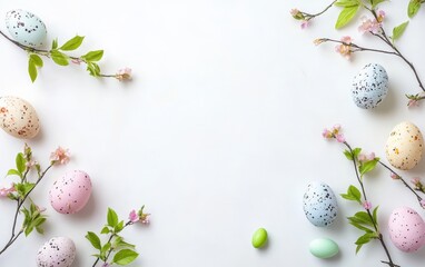 Fototapeta premium A vibrant display of colorful eggs and fresh flowers arranged beautifully on a clean white surface, symbolizing the joy of Easter celebrations.