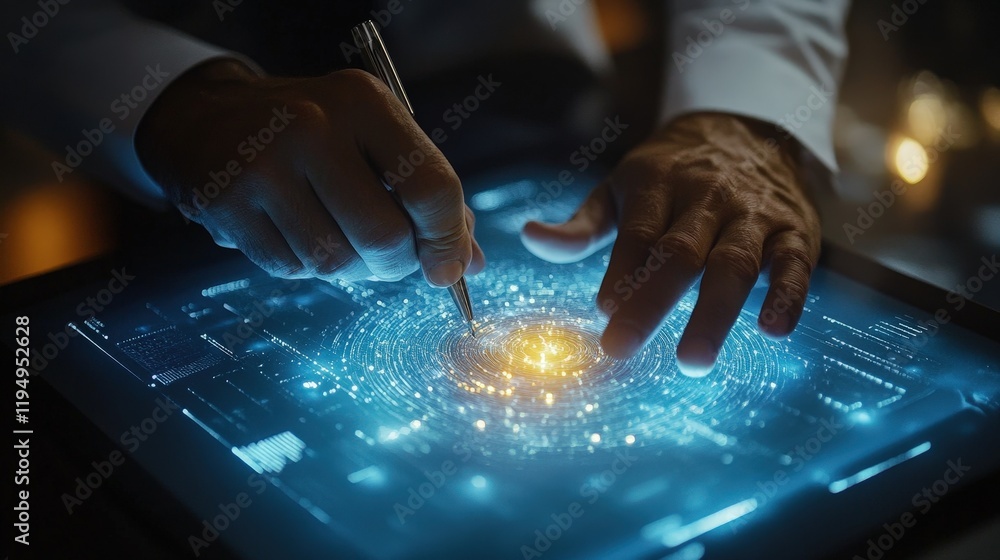 Poster professional businessman utilizing tablet for efficient digital signing in modern workspace with inn