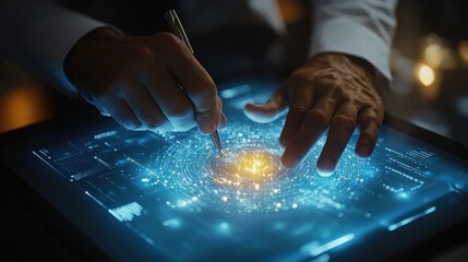 Professional Businessman Utilizing Tablet for Efficient Digital Signing in Modern Workspace with Innovative Technology and Dynamic Interface