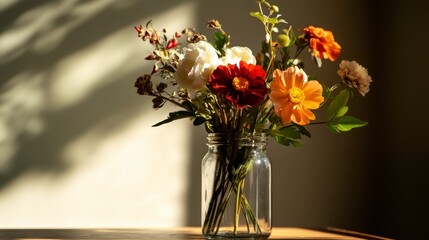Obraz premium Glass jar overflowing with vibrant wildflowers, soft beige backdrop, artfully positioned on the right side of the canvas, inviting and serene atmosphere
