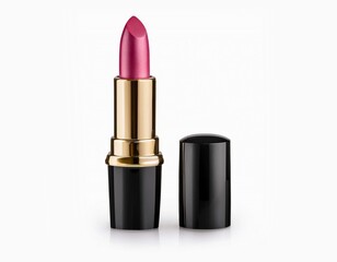 A lipstick with a sleek black casing and a golden metallic base featuring a pink shade isolated on white background with clipping path and full depth of field
