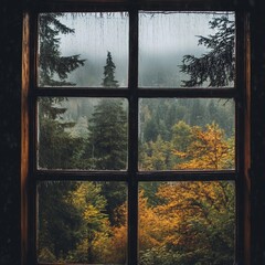 Captivating view of misty forest through a rustic window on a rainy autumn day