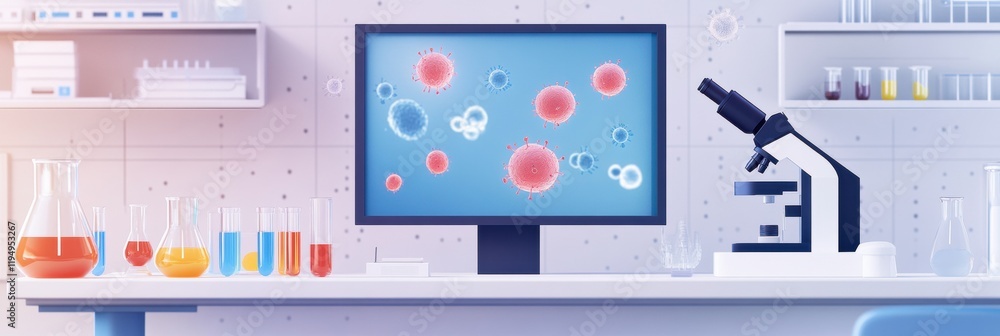 Aufkleber laboratory workspace showcasing microscopes, test tubes, and digital display of bacterial visuals in