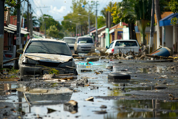 Urban Devastation After Tsunami: Flooded Streets with Abandoned Vehicles and Submerged Infrastructure in a Coastal Cityscape