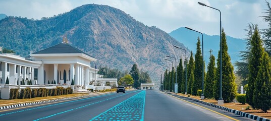 Modern Road with Digital Network Overlay Leading to the Presidential Villa in Abuja, Nigeria