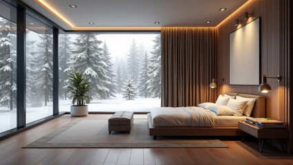 Cozy bedroom with large windows overlooking a winter wonderland in a serene mountain landscape