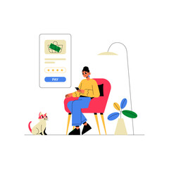 Female Shopper Using Smartphone In Modern Setting With Shopping Payment Interface And Pet Cat. Flat Vector Illustration About Online Purchases, Technology, And Lifestyle, Isolated On White