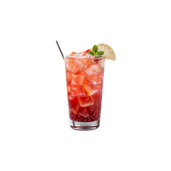 Refreshing Summer Cooler: A vibrant, ice-filled highball glass brimming with a reddish-pink summer beverage, garnished with a lemon wedge and mint sprig.  The drink sparkles with a refreshing allure.