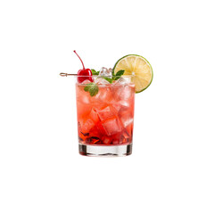 Refreshing Cherry Cocktail: A close-up of a vibrant cherry cocktail, garnished with a lime wedge, maraschino cherry, and fresh mint, served on the rocks in a classic glass.