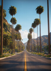 Fototapeta premium a scenic road with iconic palm trees and picturesque mountains in the background under a bright and clear sky, creating a classic urban charm.