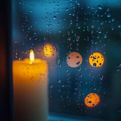 Candle flickers on a rainy evening with blurred city lights in the background