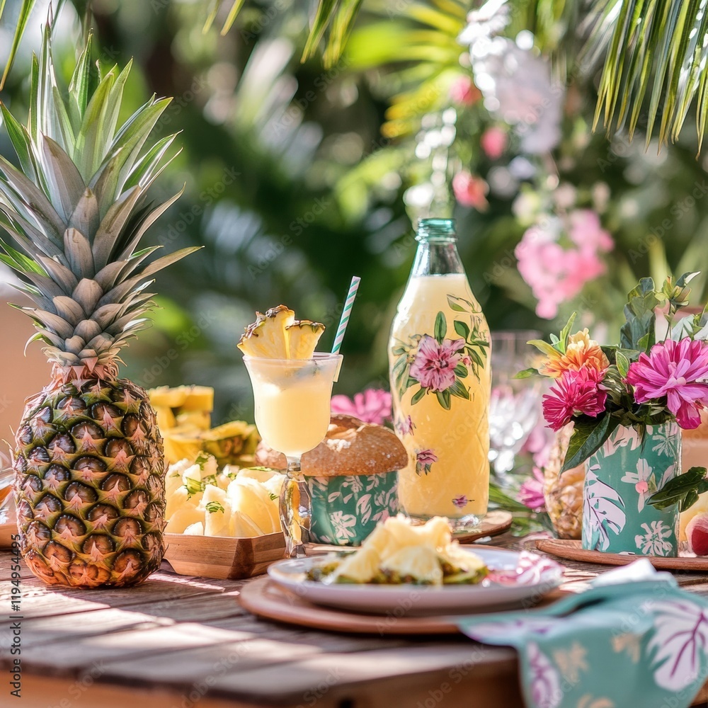 Poster enjoying a cheerful summer picnic with tropical drinks and fresh pineapples surrounded by vibrant gr