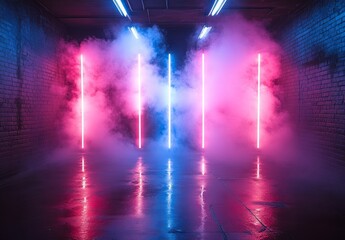 Neon-Lit Corridor with Glowing Pink and Blue Lights, Fog Effects, and a Wet Floor Creating a Futuristic Cyberpunk Atmosphere