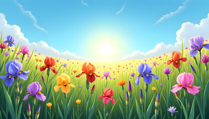 Obraz premium Meadow of colorful irises basking in the warm sunlight under a bright blue sky