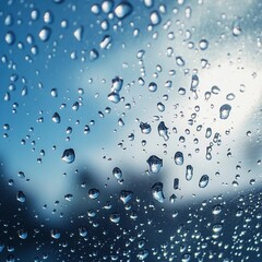 Close-up view of raindrops on a glass window reflecting a cloudy sky in the early morning