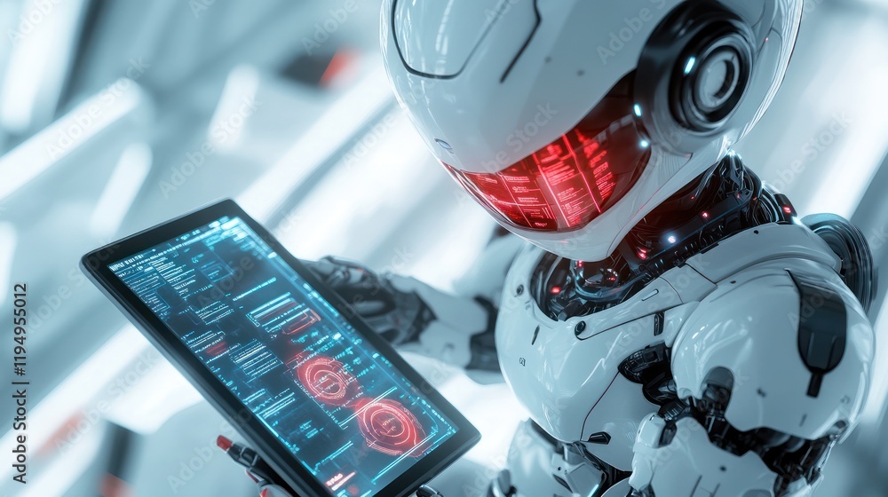 Poster futuristic robot using a tablet computer. (1)