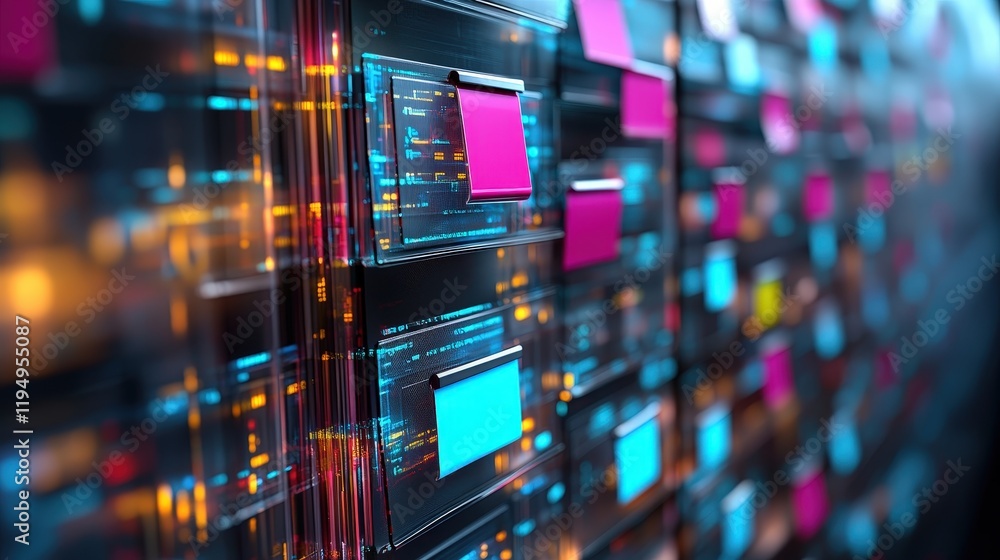 Poster abstract digital representation of a document management system for online file storage with colorfu