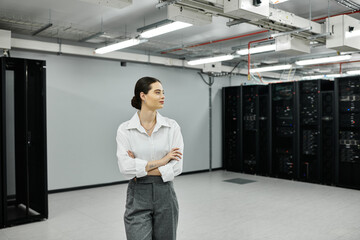A skilled IT specialist analyzes network systems in a contemporary data center.