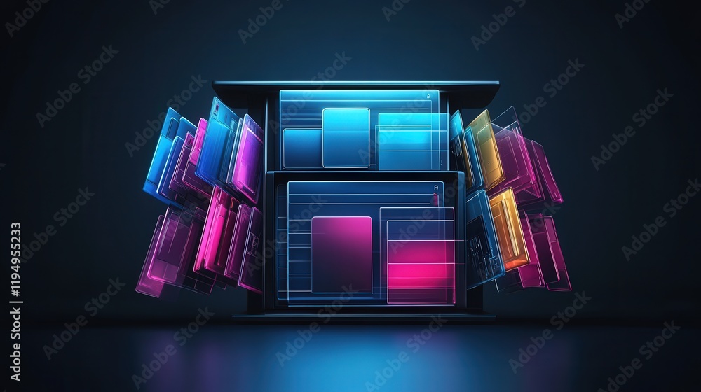 Poster digital file management system for online storage featuring colorful data panels and geometric desig