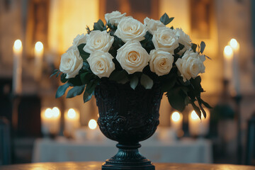Black vase and white roses, candles, funeral setting, mourning, ritual, on table at funeral, with blurred candles in background.
