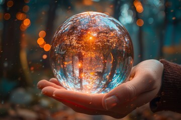 Captivating glass sphere held in hand reveals enchanting forest landscape with twinkling lights at dusk