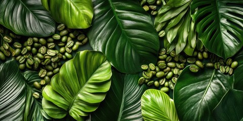Obraz premium Vibrant green coffee beans scattered among rich tropical leaves in varying shades of green, creating a lush and natural background scene.