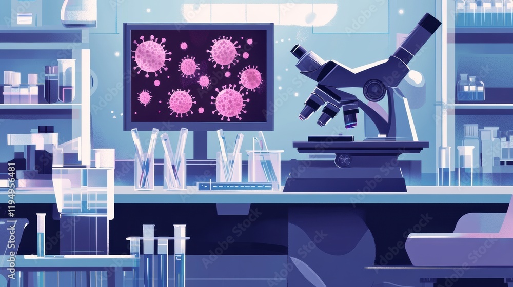 Fototapete Laboratory workspace with microscopes, test tubes, and colorful bacteria visuals displayed on a monitor. Generative AI