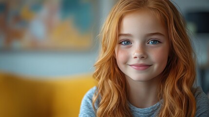 Girl smiling, indoor portrait, home background, child model