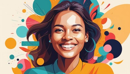 A vibrant portrait of a smiling woman against a lively, abstract background filled with playful shapes and colors, embodying joy, positivity, and energy.