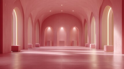 Fototapeta premium Pink Palace Hallway: A long hallway with arched doorways and soft pink walls creates an elegant and serene atmosphere. The soft lighting enhances the luxurious feel of the space. 