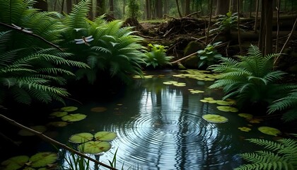 Naklejka premium a pond with lily pads in the middle of a forest