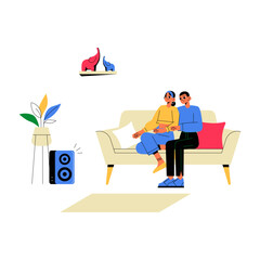 Couple Sitting On Sofa Listening To Music, Flat Vector Illustration Symbolizing Relaxation, Companionship, And Home Entertainment, Isolated On White Background.