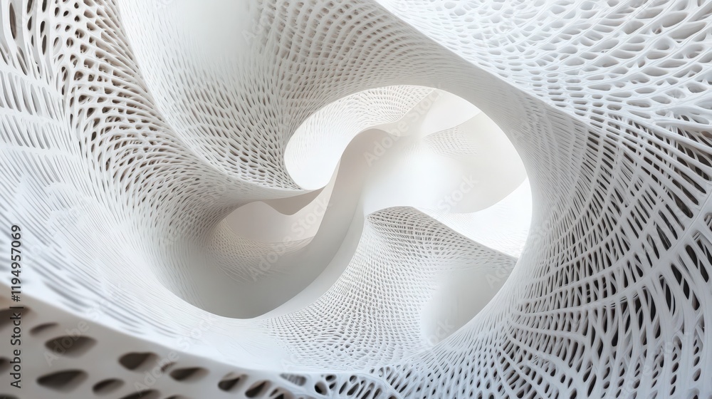 Poster abstract white structure with intricate lattice pattern and smooth curving forms