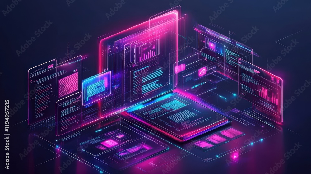Poster digital document management system concept for online file storage with creative graphics and futuri