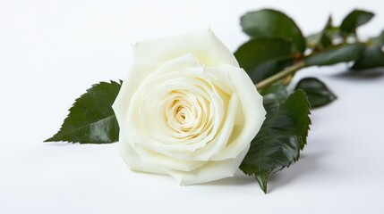 Fototapeta premium The white rose rests gracefully, its delicate petals soft and velvety against the serene background.