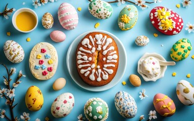 A beautifully decorated cake sits on a plate, elegantly surrounded by vibrant Easter eggs, symbolizing joy and celebration during the holiday season.