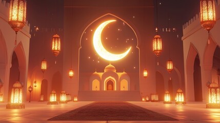 Naklejka premium Ramadan Nights: Illuminated Mosque Courtyard