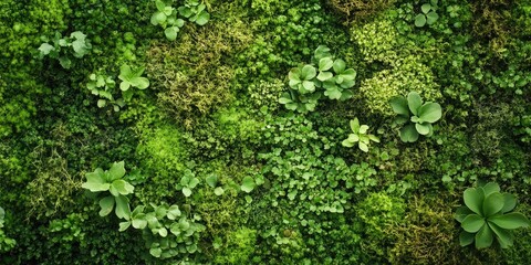 Lush green moss background with diverse vibrant vegetation in varying shades of green and subtle texture, centered with intricate plant clusters.