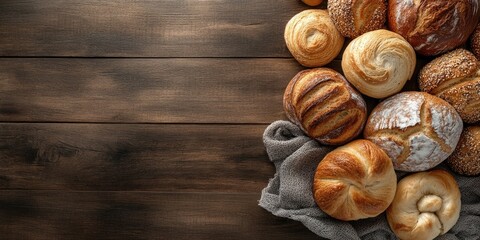 Assorted golden baked goods arranged on a rustic wooden table with a gray cloth in the bottom right corner viewed from above for a banner layout