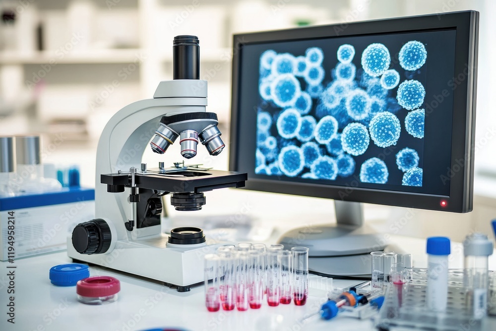 Aufkleber Laboratory setup featuring microscopes, test tubes, and bacteria visuals on a monitor with various equipment. Generative AI