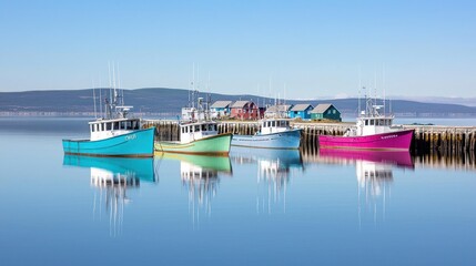 Fototapeta premium Colorful boats docked by a serene waterfront under clear skies.