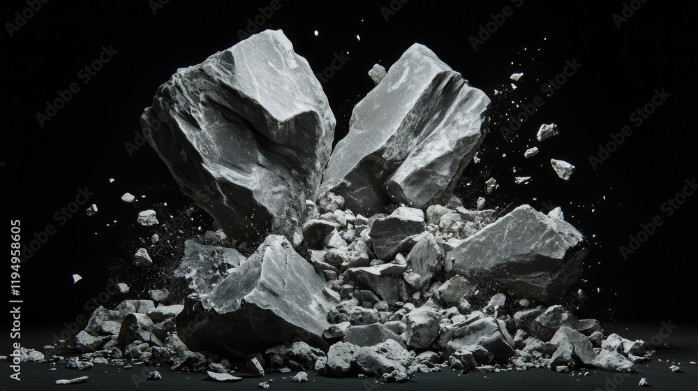 Poster 3d rendered objects, including stones and debris, set against a black background, showcasing a drama